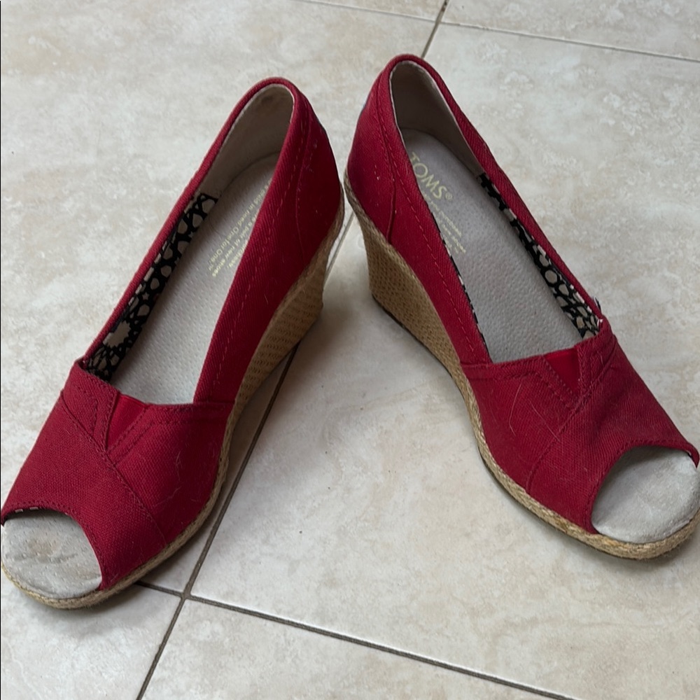 TOMS Cherry Red Wedge Peep Toe Shoes